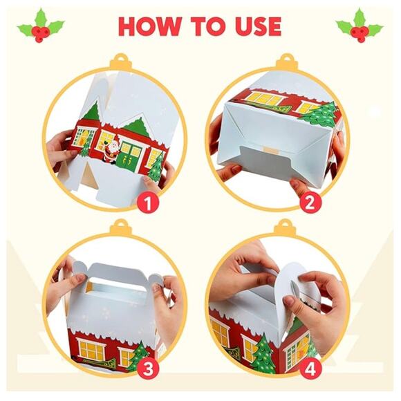 24 PCS 3D Christmas House Cardboard Treat Boxes, Goodie Paper Boxes- 4 Designs - Picture 3 of 7